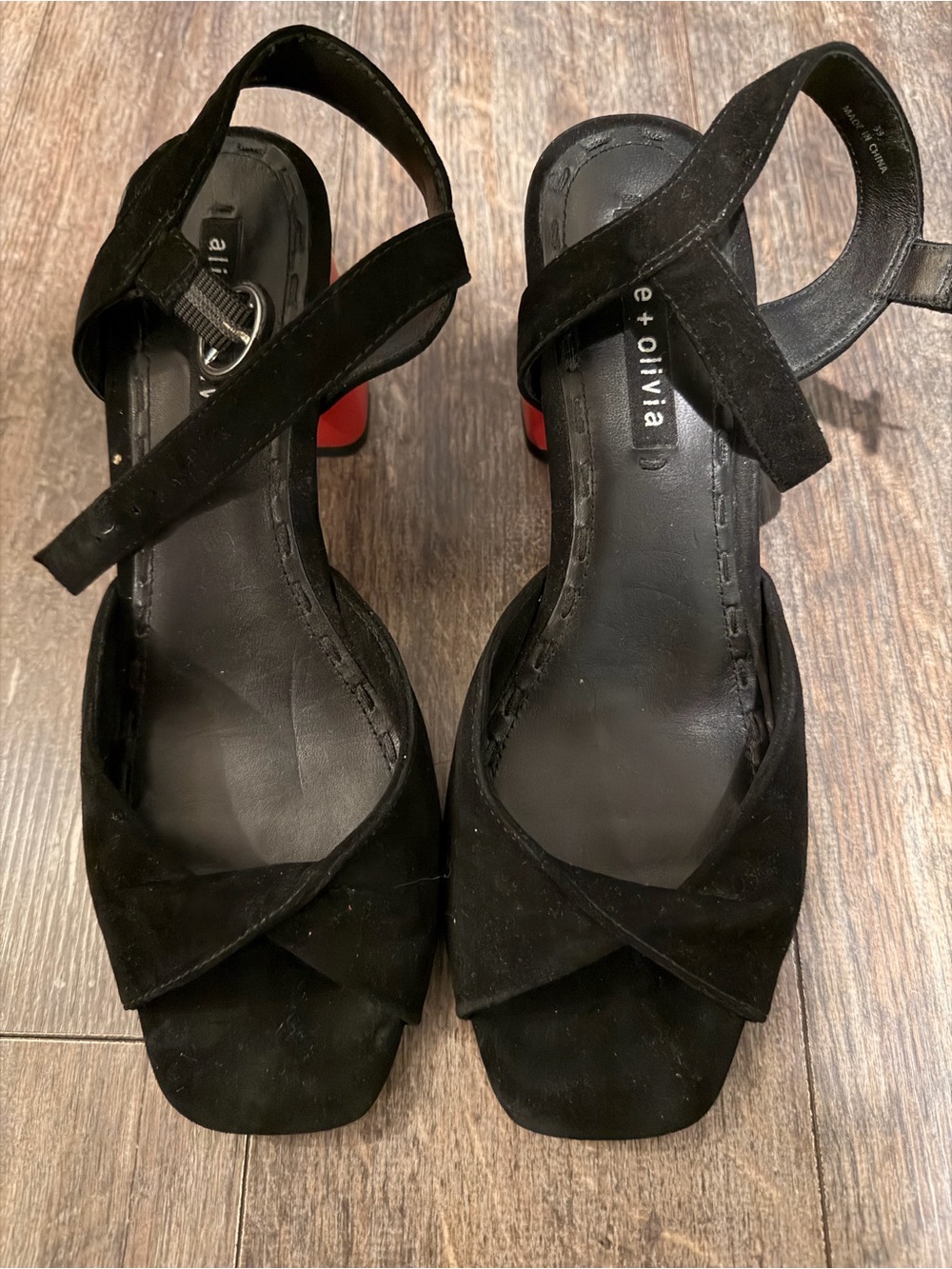 🌺Alice + Olivia Black Suede Crisscross Ankle Strap Block Heels